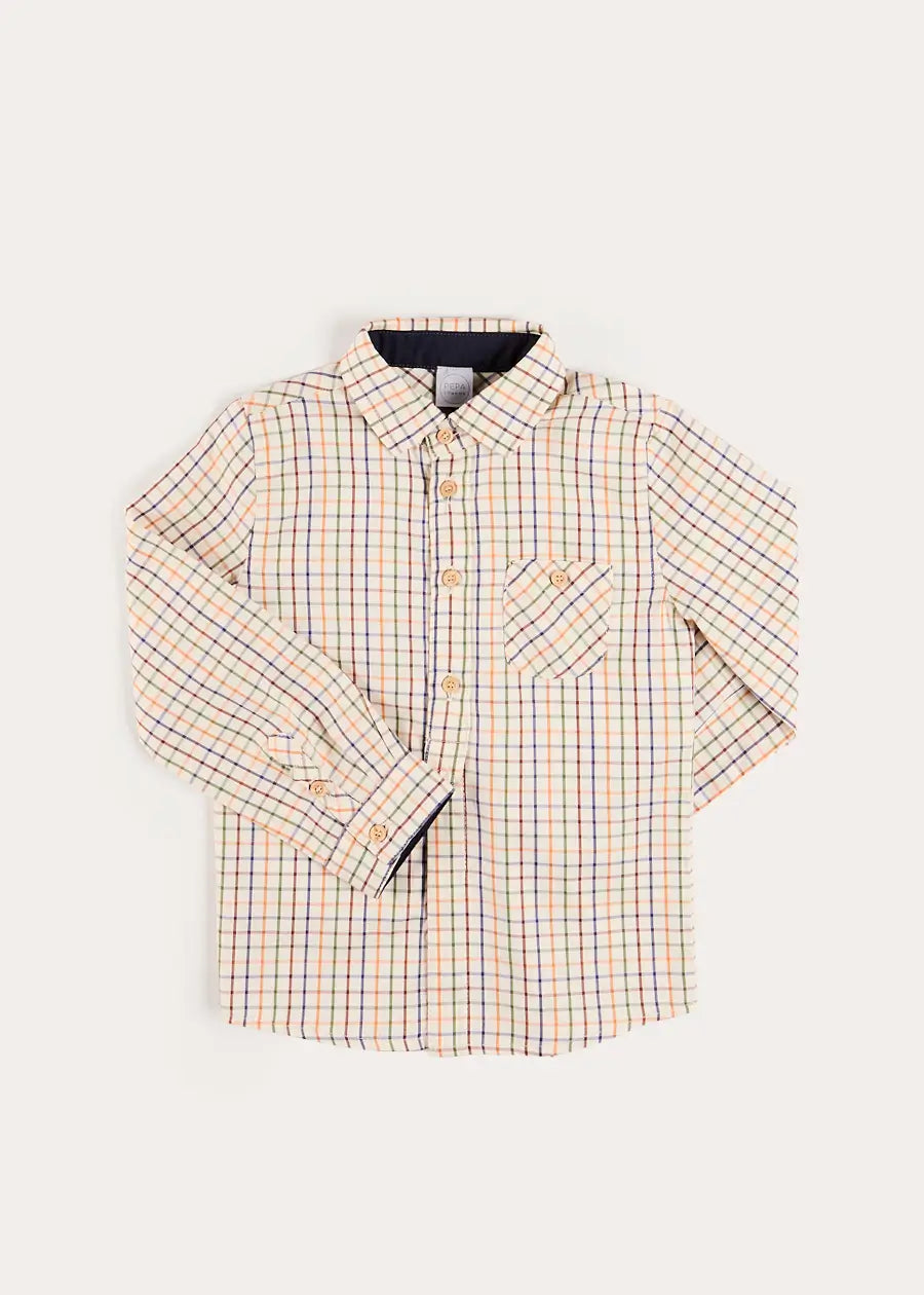 Rutland Check Polo Collar Long Sleeve Shirt in Beige (3-10yrs) Shirts from Pepa London US