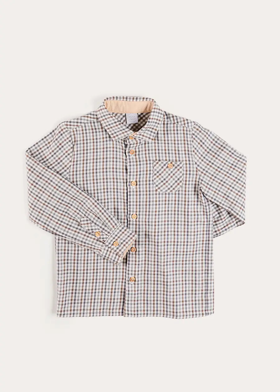 Cadogan Houndstooth Polo Collar Long Sleeve Shirt in Beige (3-10yrs) Shirts from Pepa London US