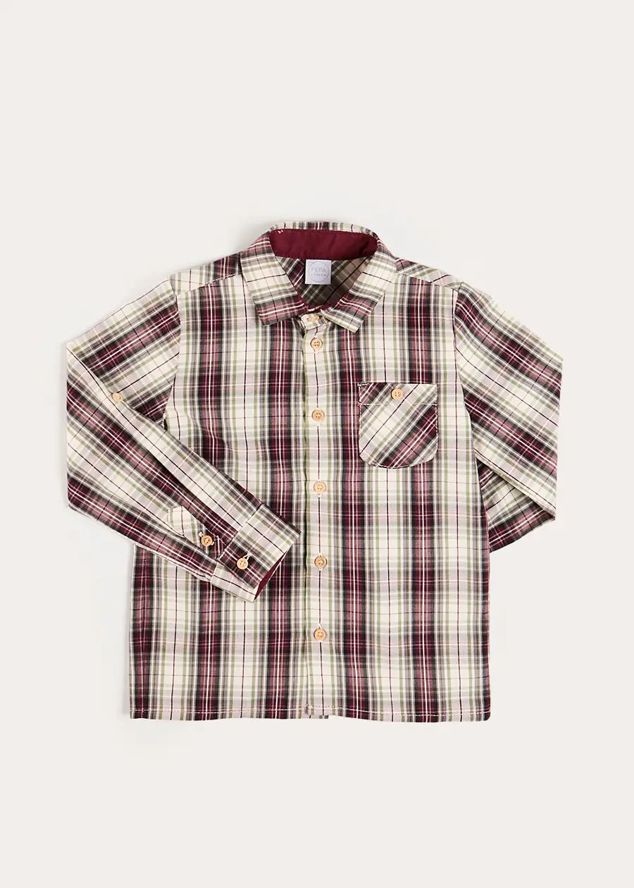 Whittaker Check Polo Collar Long Sleeve Shirt in Brown (3-10yrs) Shirts from Pepa London US