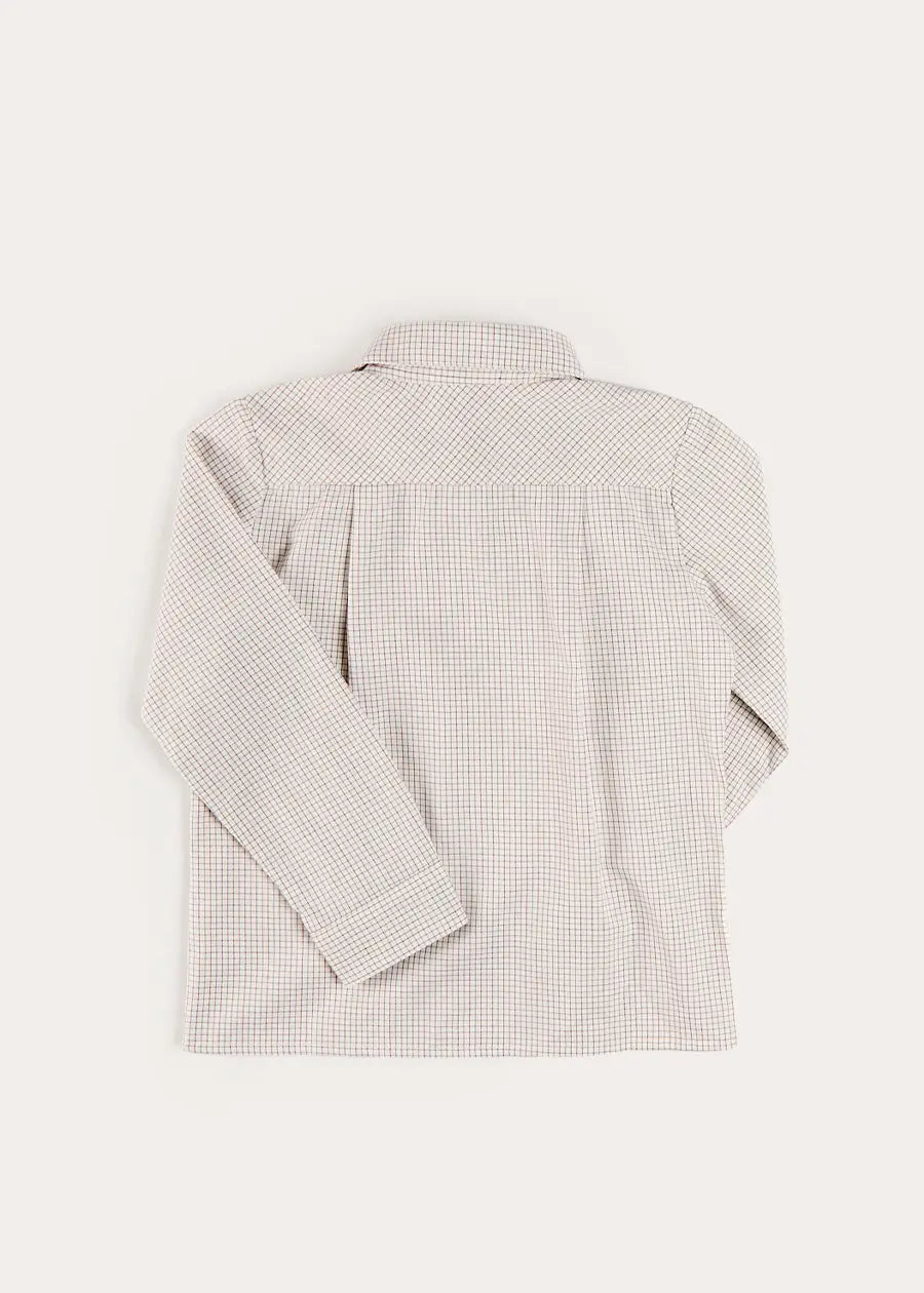Ambrose Check Polo Collar Long Sleeve Shirt in Beige (12mths-10yrs) Shirts from Pepa London US