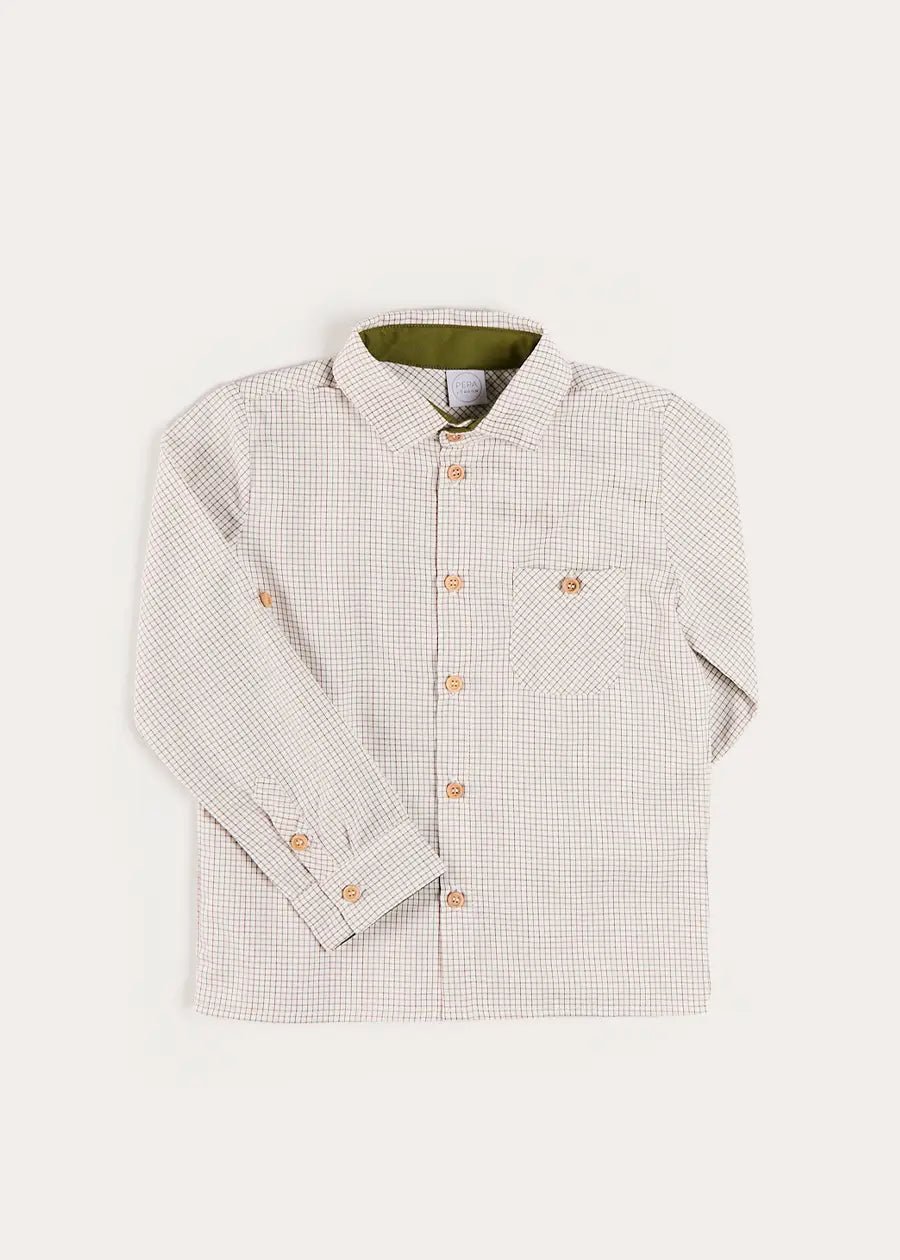 Ambrose Check Polo Collar Long Sleeve Shirt in Beige (12mths-10yrs) Shirts from Pepa London US