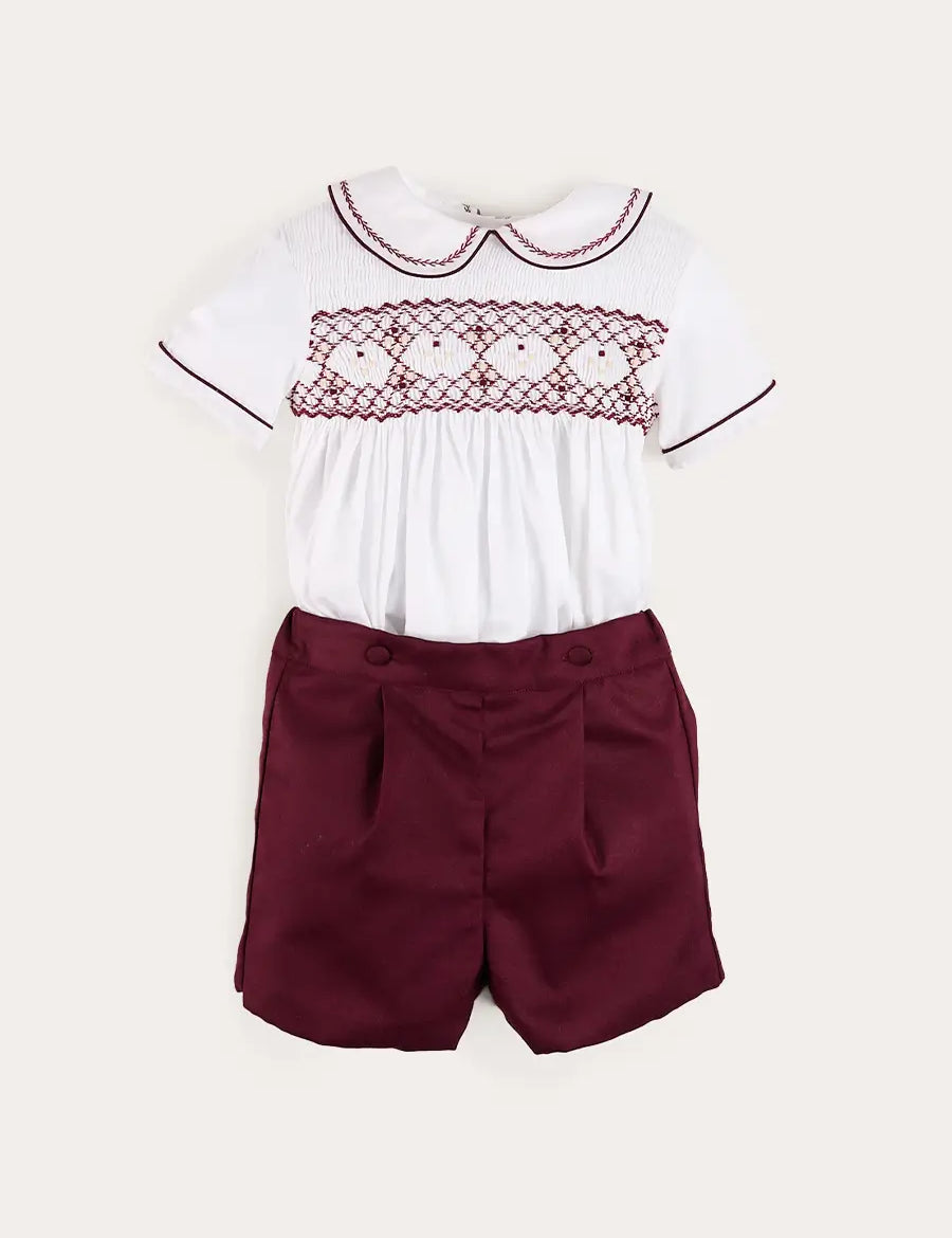 Hand Smocked Peter Pan Collar Short Sleeve Two Piece Set in Burgundy (18mths-6yrs) TWO PIECE SETS from Pepa London US