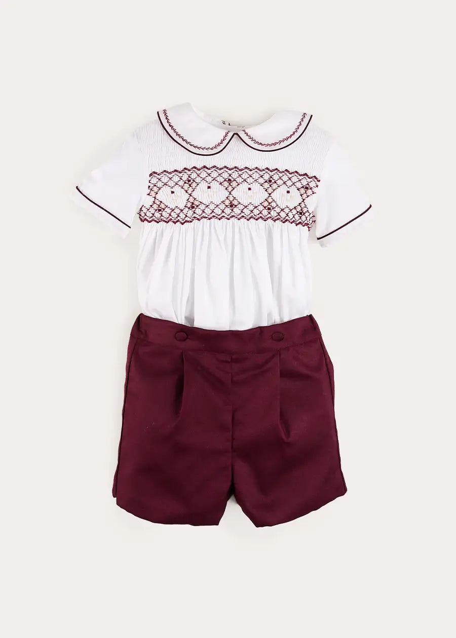 Hand Smocked Peter Pan Collar Short Sleeve Two Piece Set in Burgundy (18mths-6yrs) TWO PIECE SETS from Pepa London US