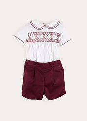 Hand Smocked Peter Pan Collar Short Sleeve Two Piece Set in Burgundy (18mths-6yrs) TWO PIECE SETS from Pepa London US