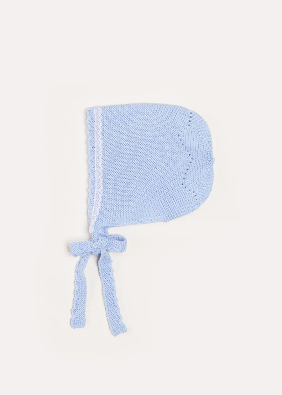Lace Detail Knitted Bonnet in Light Blue (0-9mths) Bonnets from Pepa London US