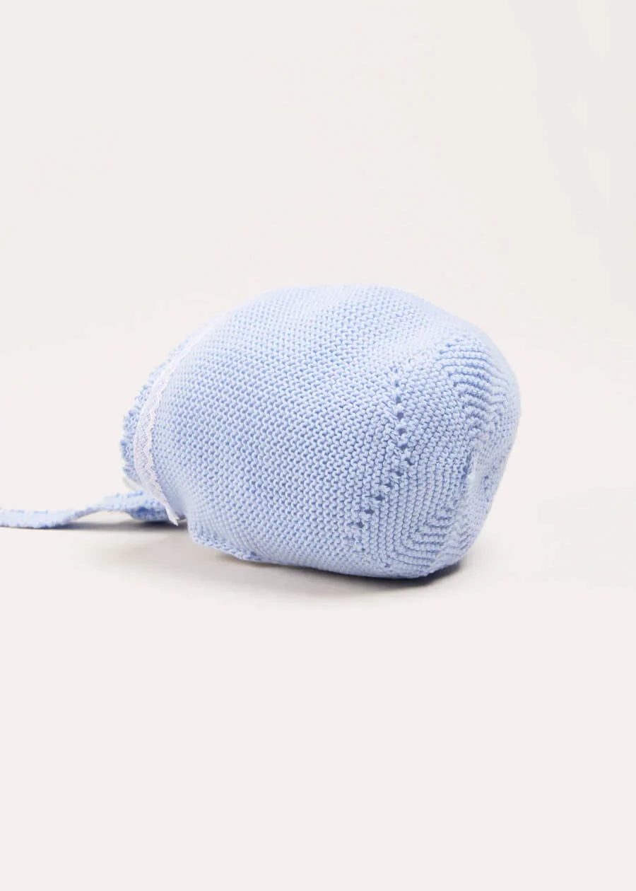 Lace Detail Knitted Bonnet in Light Blue (0-9mths) Bonnets from Pepa London US