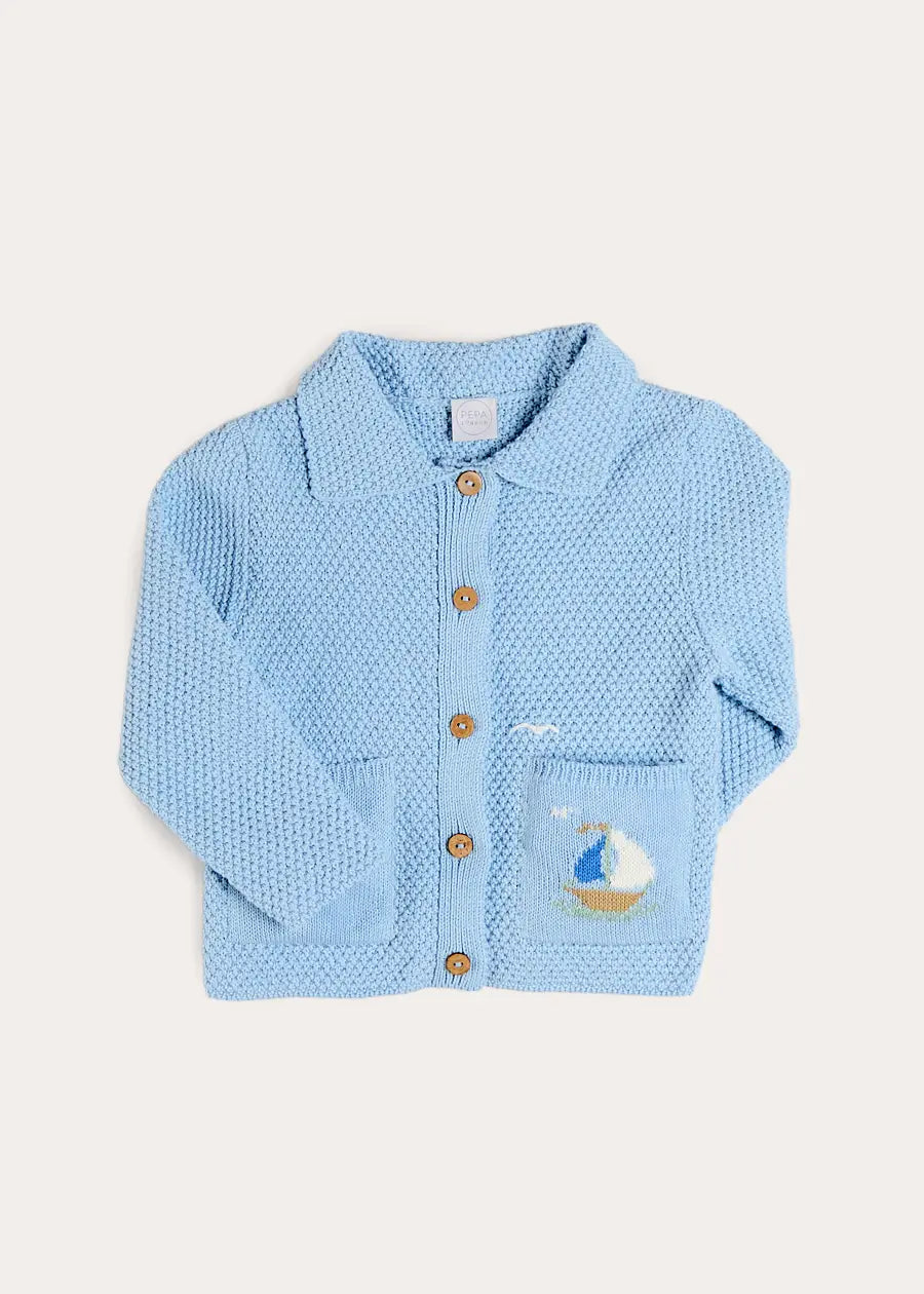 Nautical Boat Embroidery Polo Collar Cardigan in Sky Blue (12mths-6yrs) Knitwear from Pepa London US