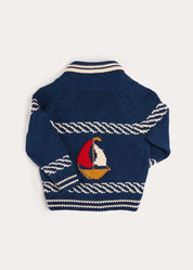 Boat Motif Knitted Cardigan in Navy (2- 10yrs) Knitwear from Pepa London