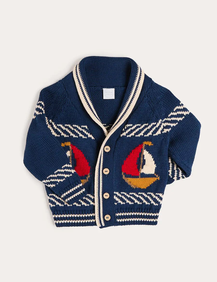 Boat Motif Knitted Cardigan in Navy (2- 10yrs) KNITWEAR from Pepa London US