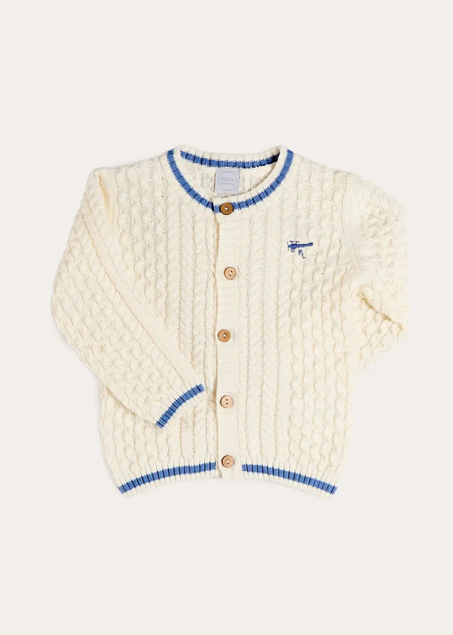 Plane Embroidered Cable Knit Cardigan in Cream (12mths-6yrs) Knitwear from Pepa London US