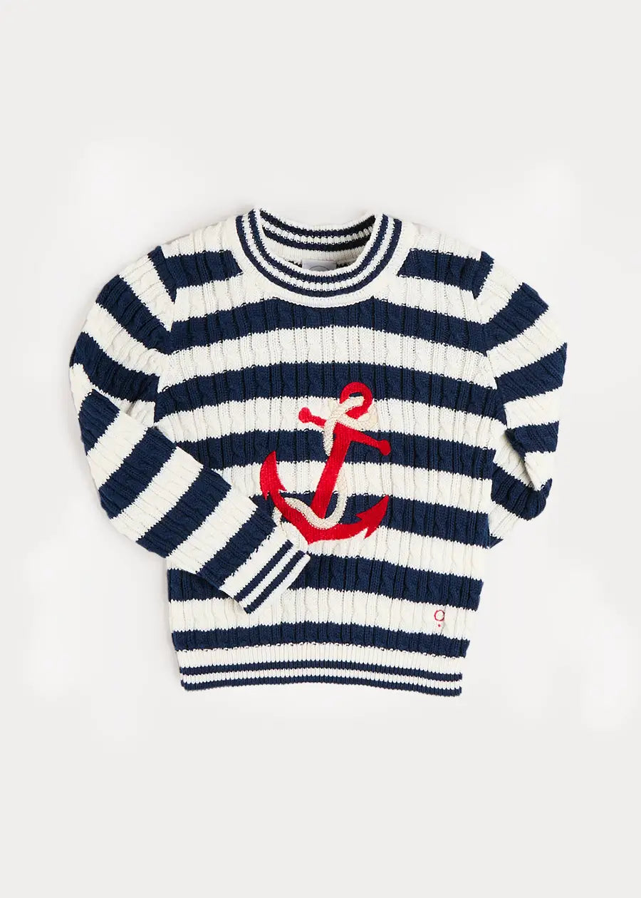 Anchor Motif Cable Knit Sailor Stripe Jumper in Navy (12mths- 10yrs) KNITWEAR from Pepa London US