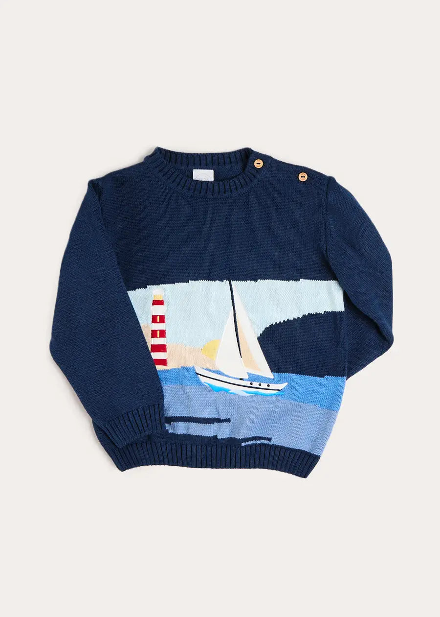 Seaside Postcard Knitted Jumper in Navy (18mths-6yrs) Knitwear from Pepa London US