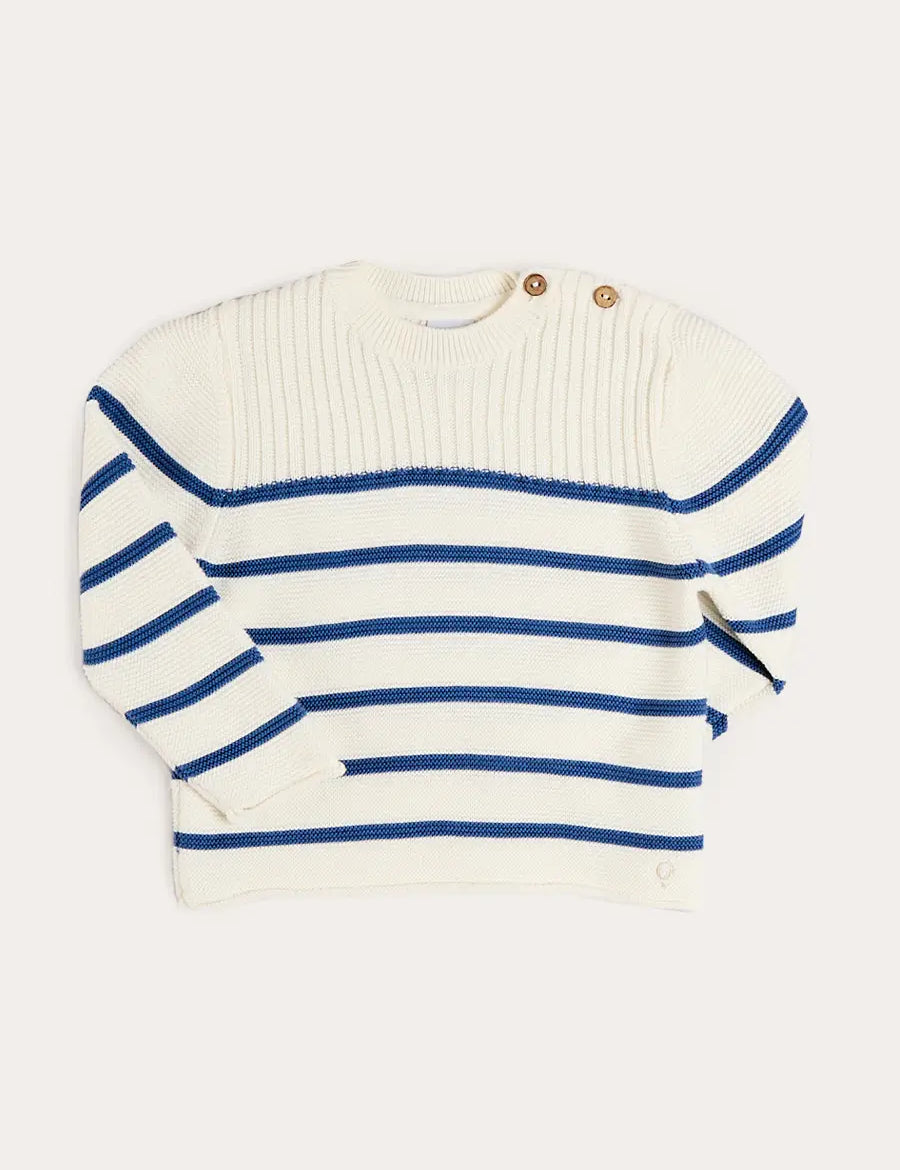 Striped Crewneck Ribbed Detail Blue & White Striped Jumper in Navy (12mths- 10yrs) KNITWEAR from Pepa London US