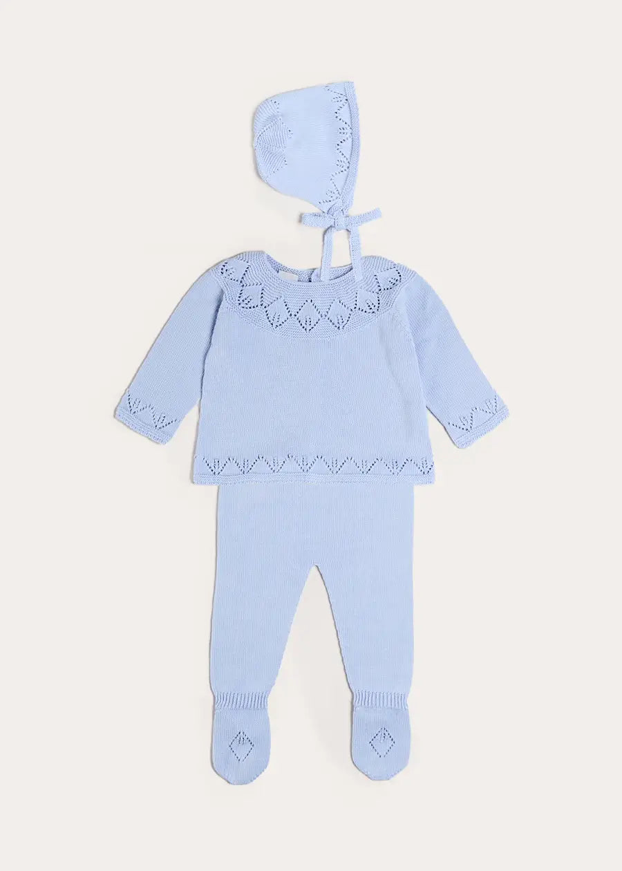 Diamond Openwork Three Piece Knitted Set in Light Blue (1-9mths) Knitwear from Pepa London US