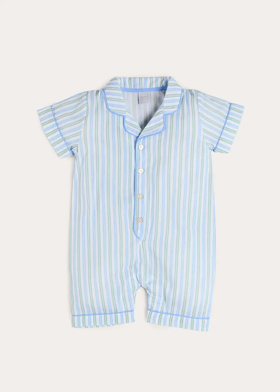 Winston Stripe Light Weight Short All-In-One Pyjamas in Green (9mths-2yrs) NIGHTWEAR from Pepa London US