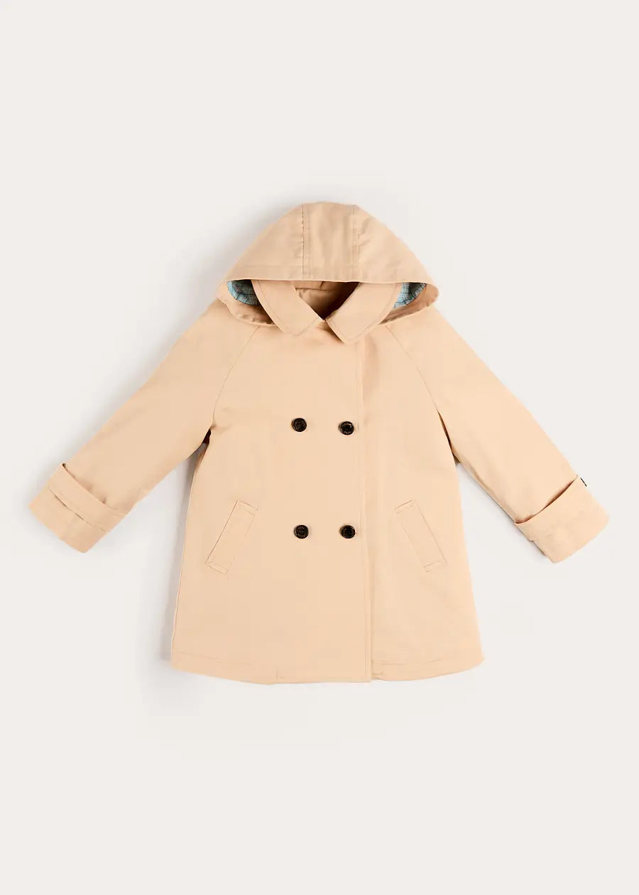 Double Breasted George Check Lined Rain Coat With Detachable Hood in Beige (2-10yrs) COATS from Pepa London US