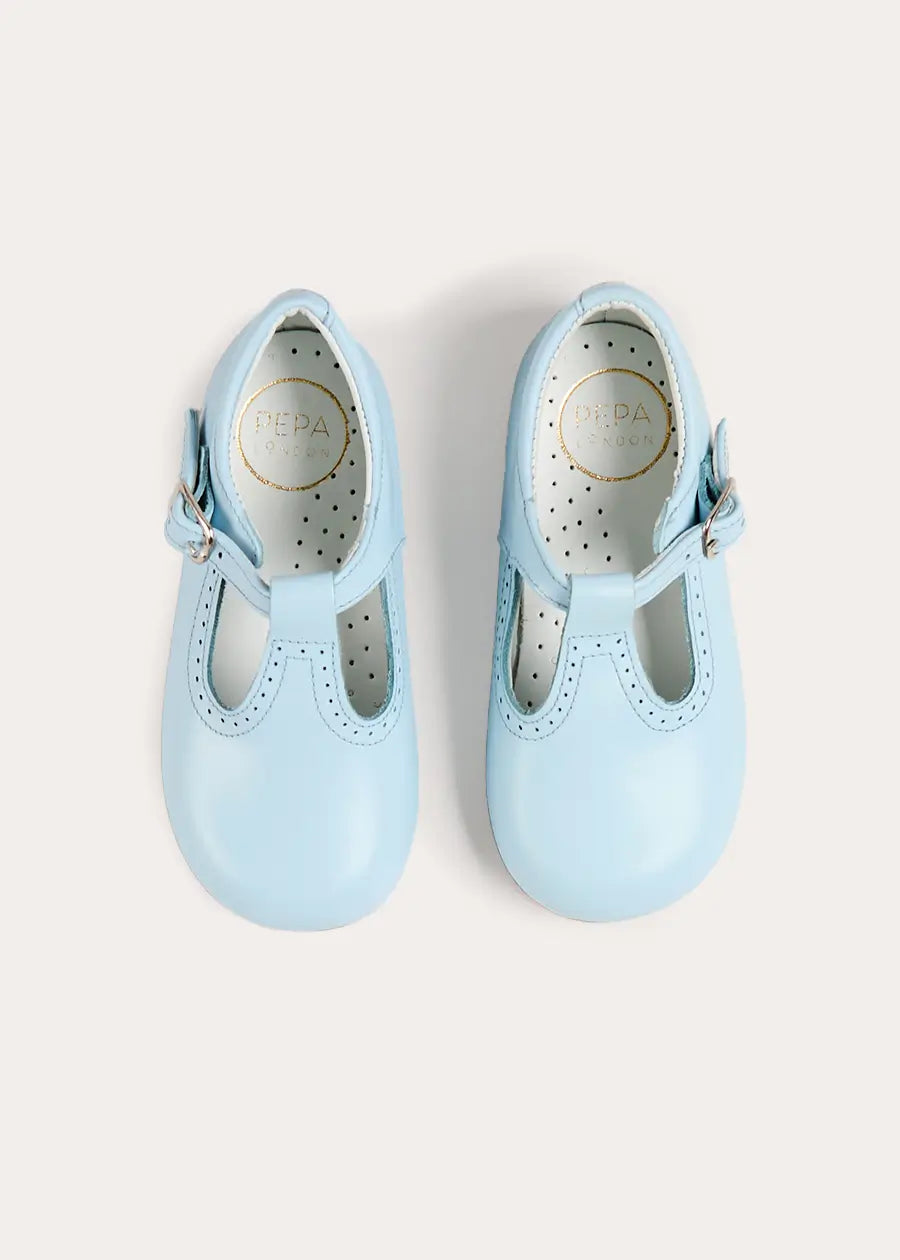 Leather T-Bar Baby Shoes in Sky Blue (20-26EU) Shoes from Pepa London