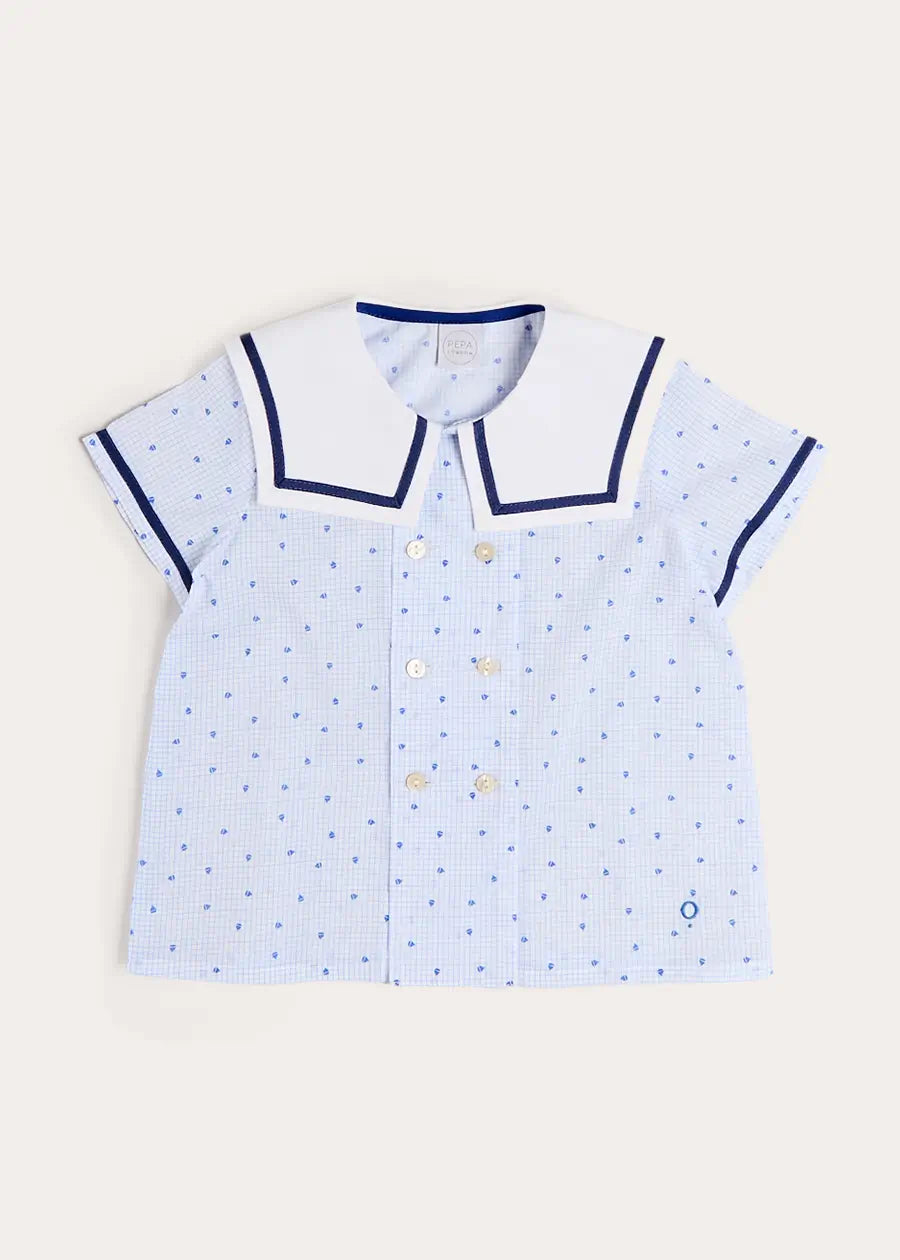 Noah Check Mariner Collar Double Breasted Shirt in Blue (18mths-6yrs) SHIRTS from Pepa London US