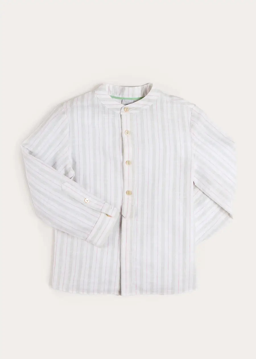 Hampton Stripe Mao Collar Shirt in Green (3- 10yrs) Shirts from Pepa London US