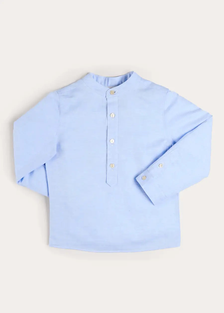 Mao Collar Linen Blend Shirt in Blue (18mths- 10yrs) Shirts from Pepa London US