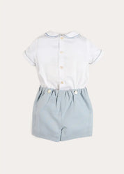 Hand Smocked Peter Pan Collar Short Sleeve Two Piece Set in Sky Blue (12mths-6yrs) Two Piece Set from Pepa London US