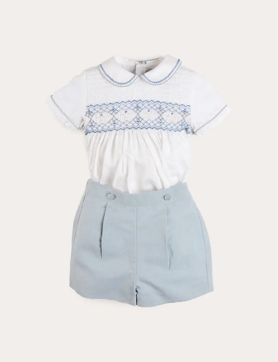 Hand Smocked Peter Pan Collar Short Sleeve Two Piece Set in Sky Blue (12mths-6yrs) Two Piece Set from Pepa London US
