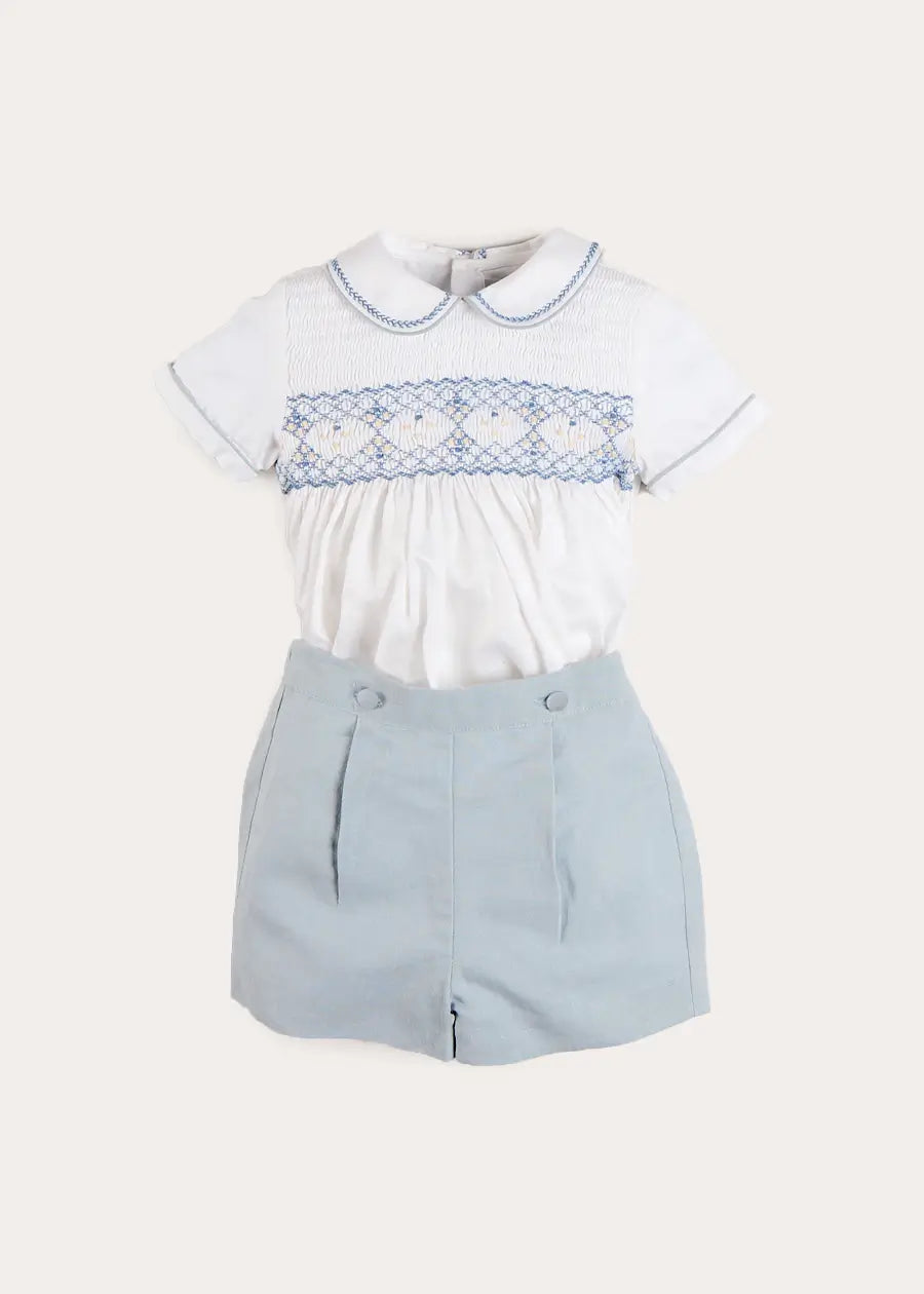 Hand Smocked Peter Pan Collar Short Sleeve Two Piece Set in Sky Blue (12mths-6yrs) Two Piece Set from Pepa London US