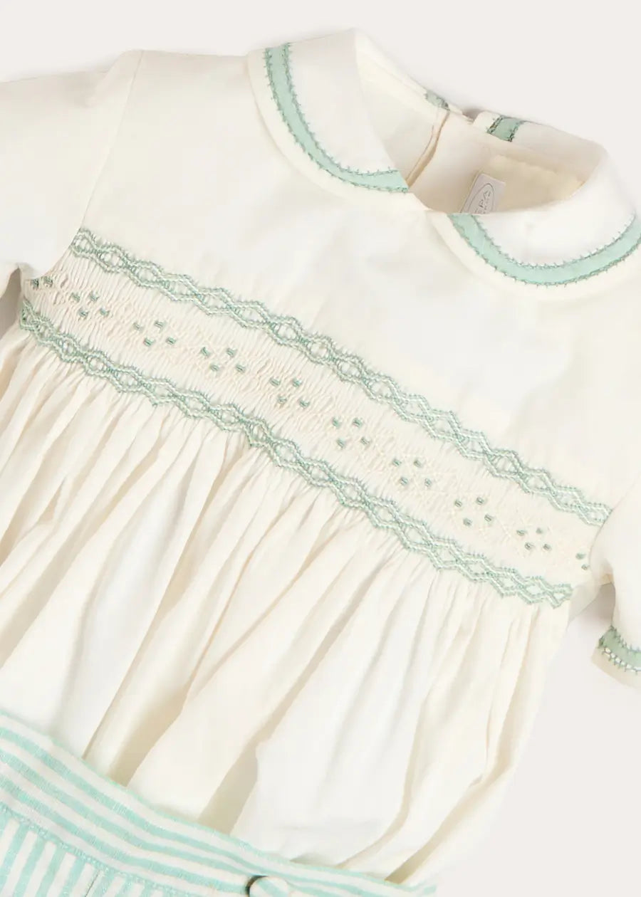 Wimbledon Stripe Hand Smocked Peter Pan Collar Two Piece Set in Green (18mths-6yrs) TWO PIECE SETS from Pepa London US