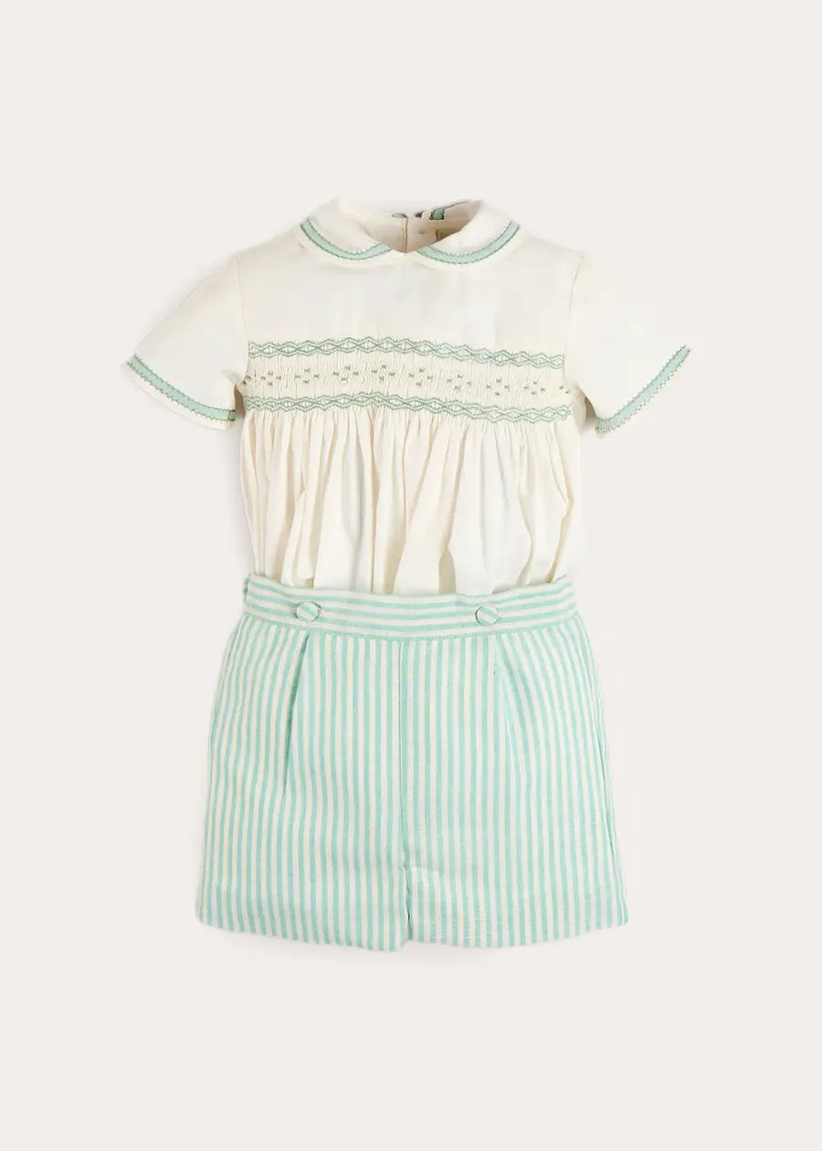 Wimbledon Stripe Hand Smocked Peter Pan Collar Two Piece Set in Green (18mths-6yrs) TWO PIECE SETS from Pepa London US