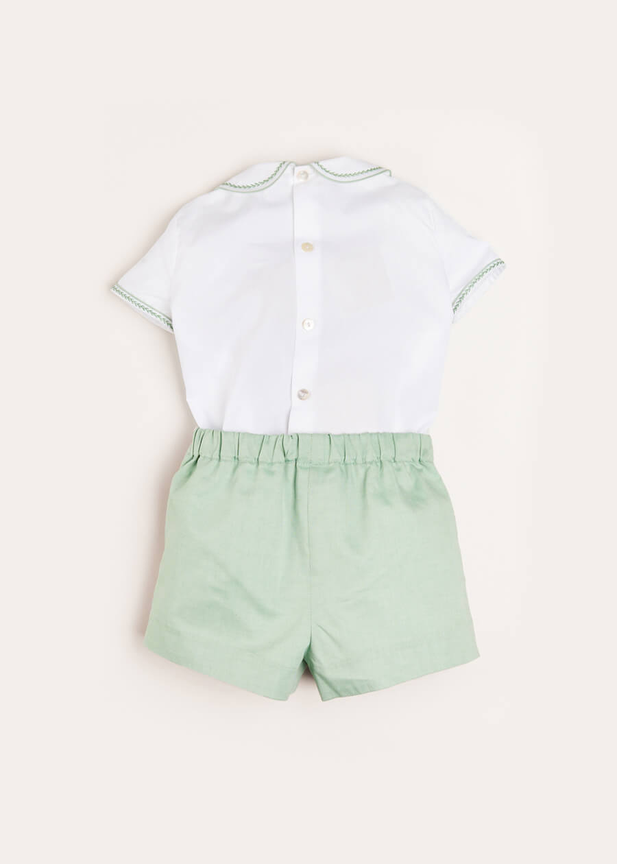 Hand Smocked Peter Pan Collar Short Sleeve Two Piece Set in Green (18mths-6yrs) Two Piece Set  from Pepa London US