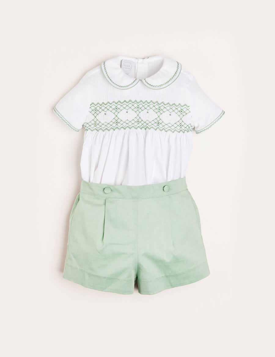 Hand Smocked Peter Pan Collar Short Sleeve Two Piece Set in Green (18mths-6yrs) Two Piece Set from Pepa London US