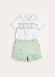 Hand Smocked Peter Pan Collar Short Sleeve Two Piece Set in Green (18mths-6yrs) Two Piece Set  from Pepa London US