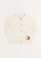 Nautical Boat Embroidery Polo Collar Cardigan in Cream (12mths-6yrs) Knitwear from Pepa London US