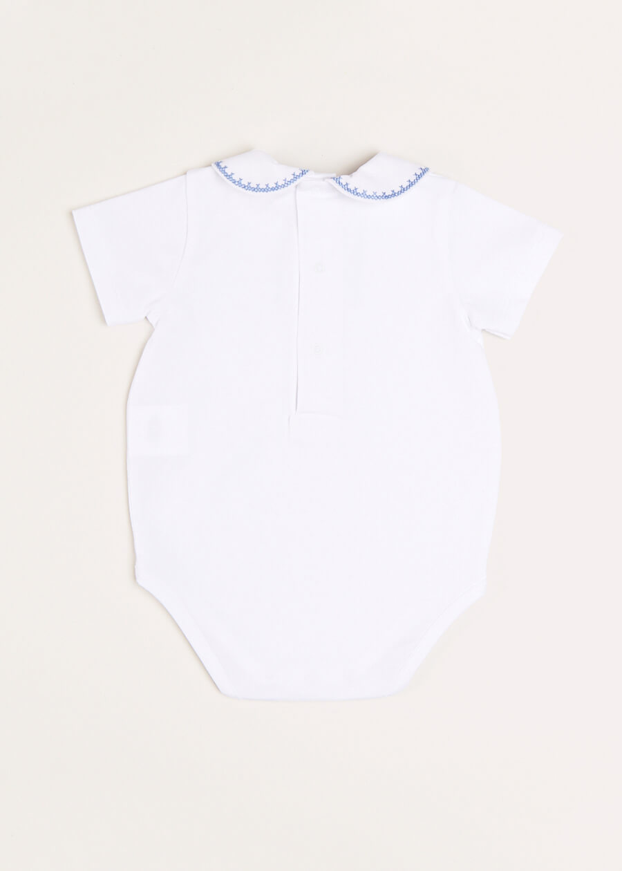 Peter Pan Collar Embroidered Detail Short Sleeve Bodysuit in Blue (3mths-3yrs) Tops & Bodysuits from Pepa London US