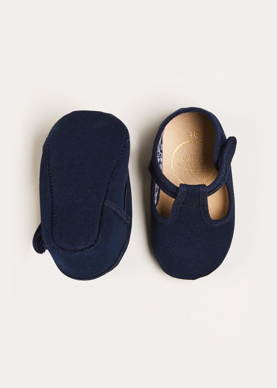 Woven T-Bar Pram Shoes in Navy (17-20EU) SHOES from Pepa London US