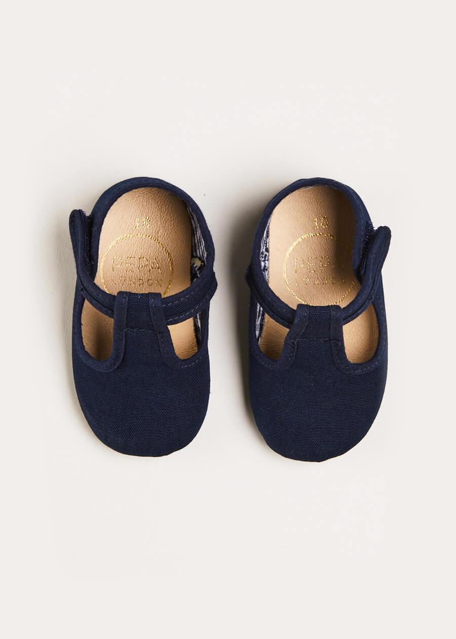 Woven T-Bar Pram Shoes in Navy (17-20EU) SHOES from Pepa London US