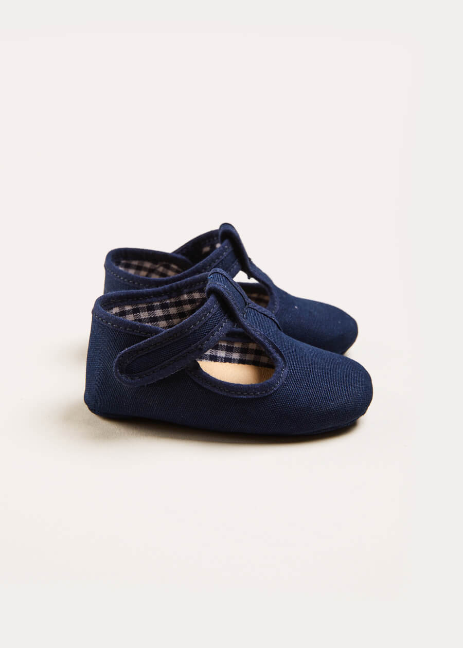 Woven T-Bar Pram Shoes in Navy (17-20EU) SHOES from Pepa London US