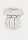Alice Floral Print Handsmocked Double Breasted Short Sleeve Romper in Blue (6mths-2yrs) Rompers  from Pepa London US