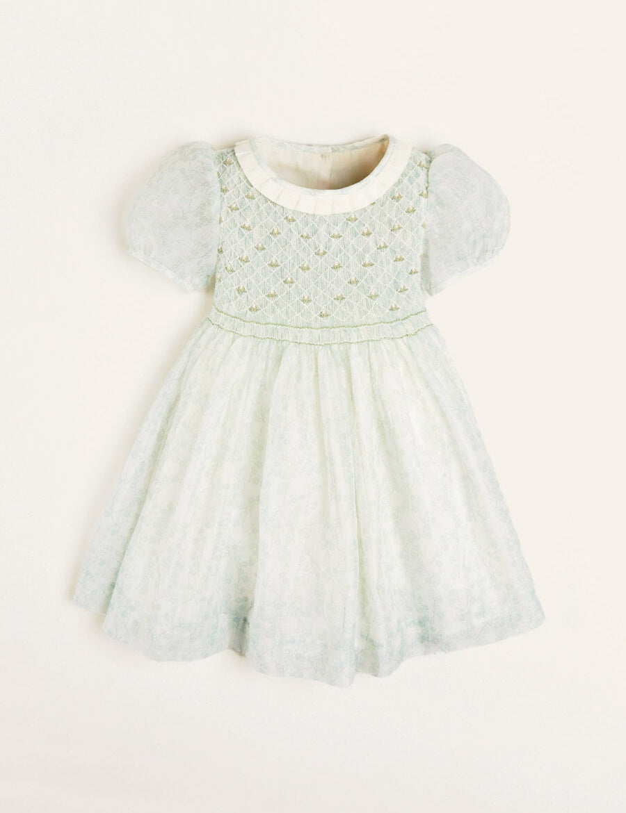 Constance Floral Print Hand Smocked Short Sleeve Party Dress in Light Green (12m-10yrs) Dresses from Pepa London US