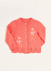 Embroidered Flower Motif Cardigan in Coral (18mths-10yrs) Knitwear  from Pepa London US