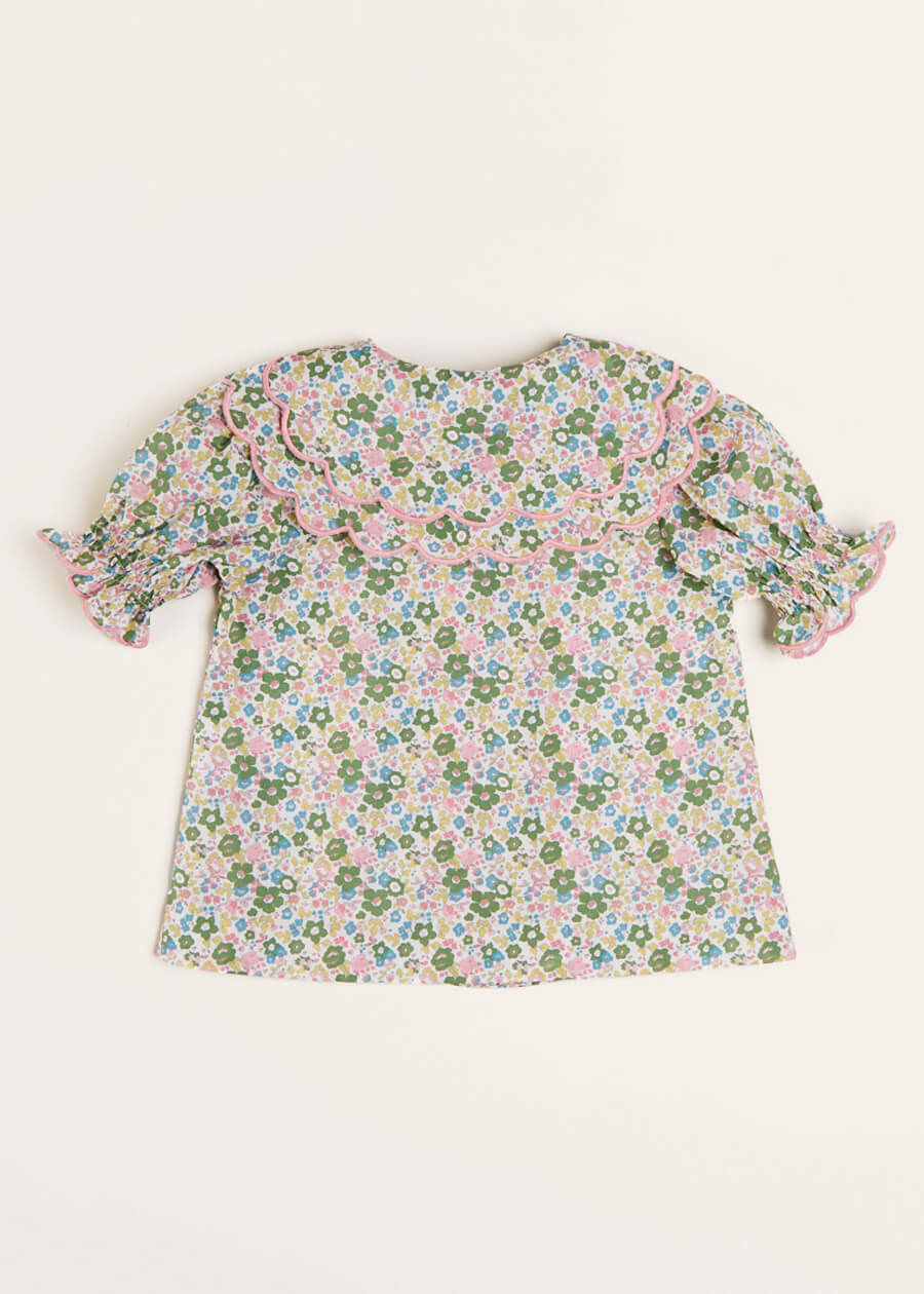 Emilia Floral Print Scallop Detail Short Sleeve Blouse in Green (18mths-10yrs) Blouses  from Pepa London US