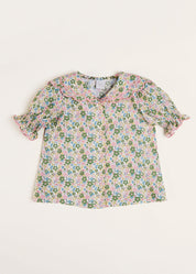 Emilia Floral Print Scallop Detail Short Sleeve Blouse in Green (18mths-10yrs) Blouses  from Pepa London US