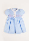 Handsmocked Gingham Print Short Sleeve Dress in Blue (12mths-6yrs) Dresses  from Pepa London US