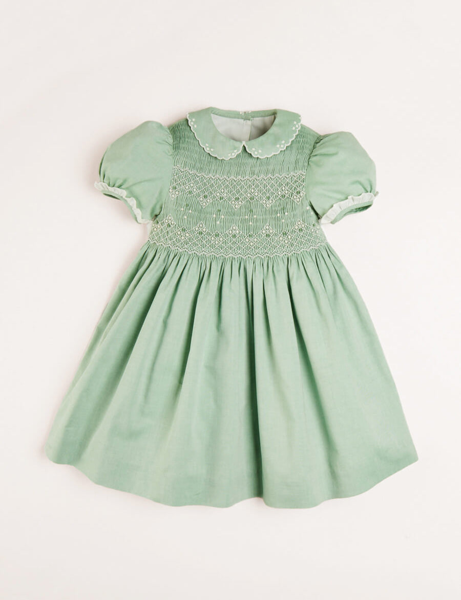 Hand Smocked Peter Pan Collar Short Sleeve Dress in Green (12mths-10yrs) Dresses from Pepa London US
