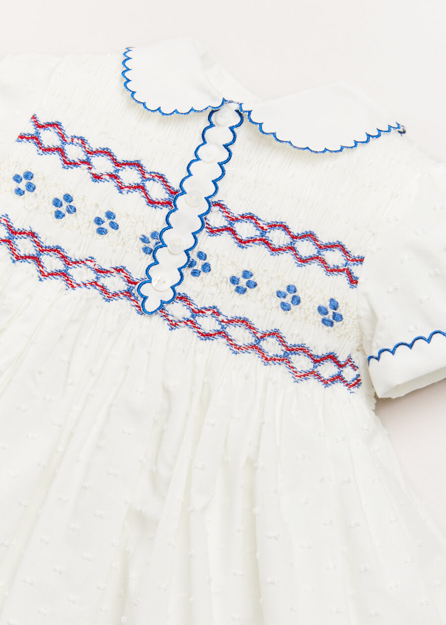 Hand Smocked Plumetti Short Sleeve Dress in White (12mths-6yrs) Dresses from Pepa London US
