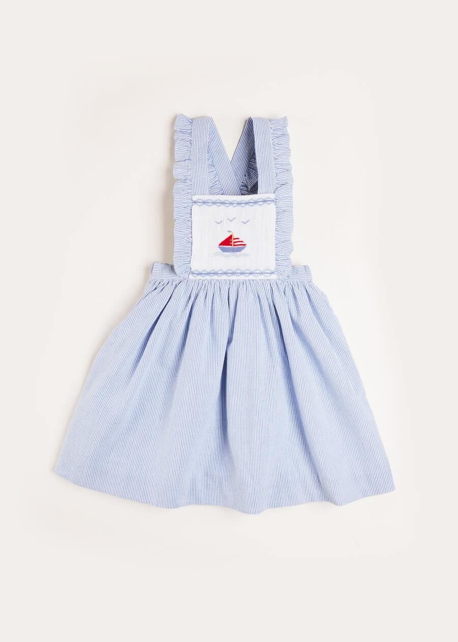 Nautical Striped Boat Embroidered Skirt with Braces in Blue (18mths-4yrs) Skirts  from Pepa London US