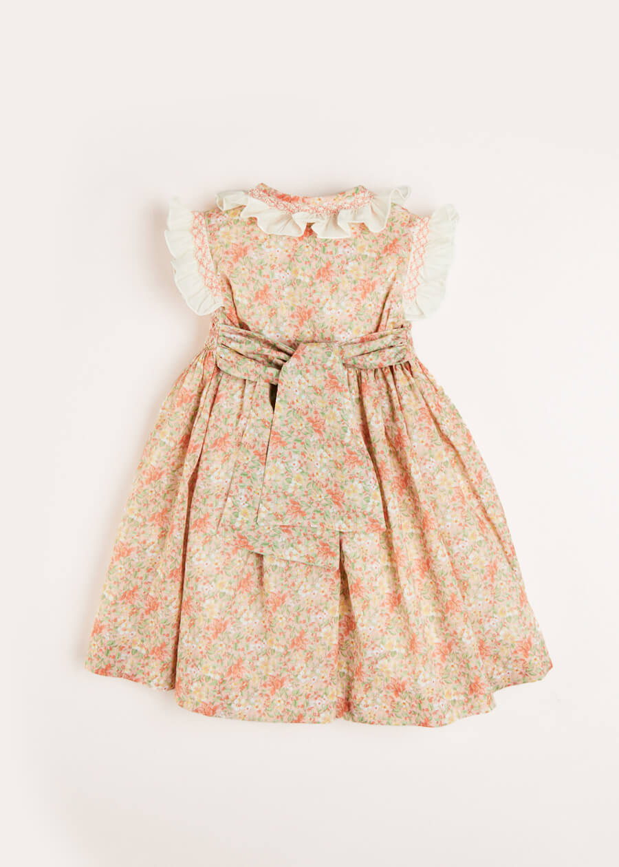 Sophie Floral Print Hand Smocked Double Breasted Dress in Peach (12mths-10yrs) Dresses from Pepa London US