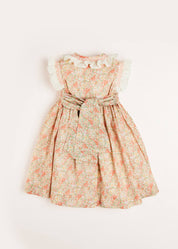 Sophie Floral Print Hand Smocked Double Breasted Dress in Peach (12mths-10yrs) Dresses from Pepa London US