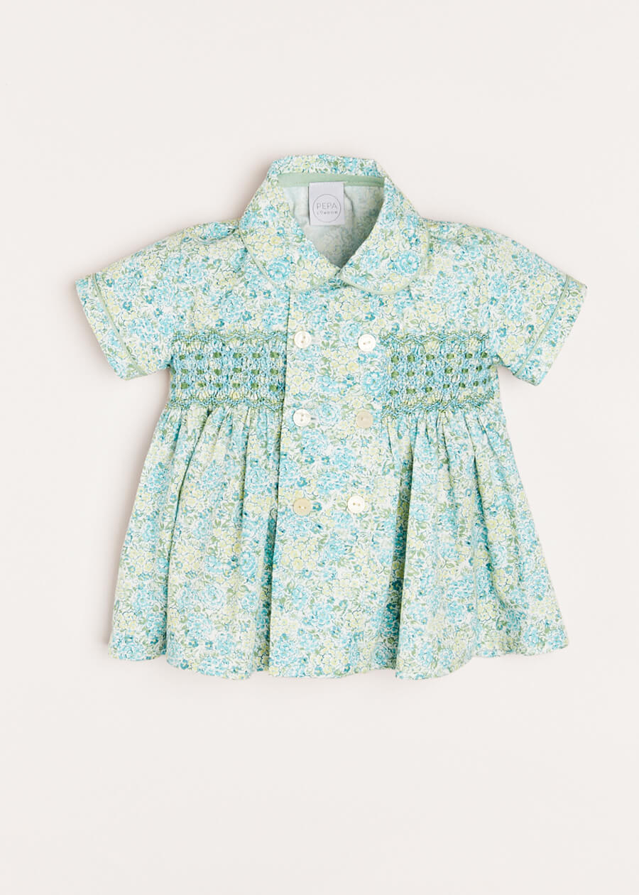 Avery Floral Print Hand Smocked Short Sleeve Shirt in Green (6mths-2yrs) SHIRTS from Pepa London US