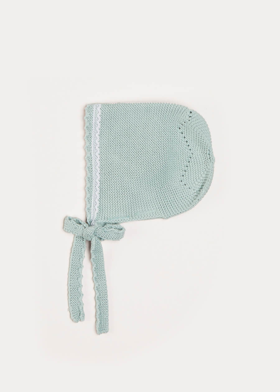 Lace Detail Knitted Bonnet in Green (1-12mths) Knitted Accessories from Pepa London US